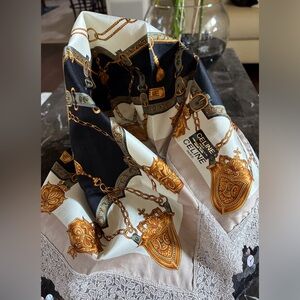 Celine Vintage 1980s Black Silk Scarf Equestrian Motifs Rare Lace